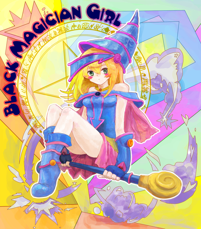1girl bare_shoulders blonde_hair breasts cleavage commentary_request dark_magician_girl detached_sleeves duel_monster hat highres large_breasts long_hair smile solo yu-gi-oh! yuu-gi-ou_duel_monsters
