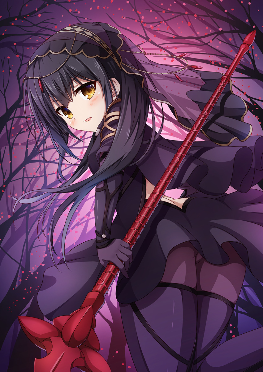 1girl black_hair blush bodysuit cosplay eyes fate/kaleid_liner_prisma_illya fate_(series) floating_hair forest hair_between_eyes highres holding holding_weapon long_hair looking_at_viewer miyu_edelfelt morokoshi_(tekku) nature night open_mouth outdoors polearm scathach_(fate/grand_order) scathach_(fate/grand_order)_(cosplay) shiny shiny_clothes solo spear tree weapon yellow_eyes