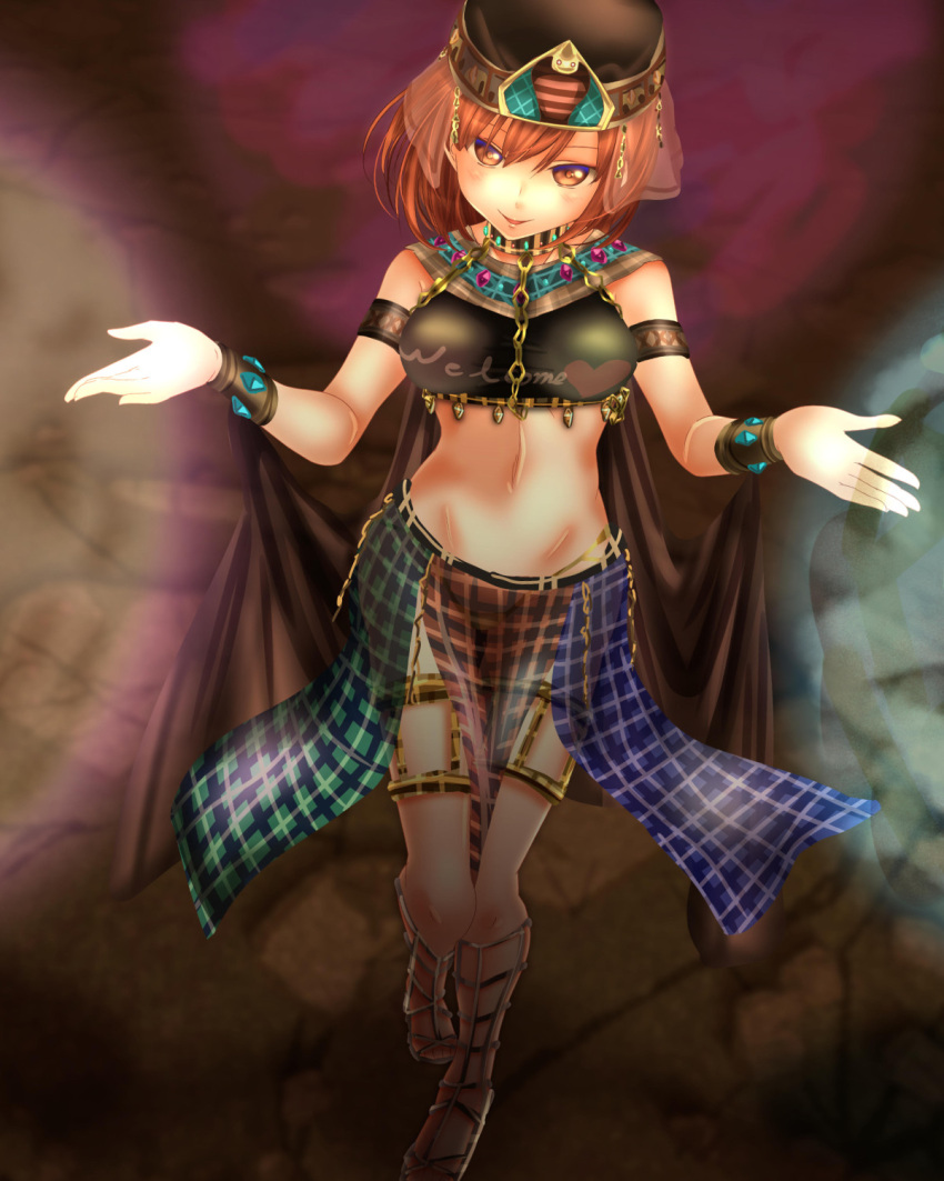 1girl adapted_costume armlet blush bracelet cape dancer egyptian egyptian_clothes gladiator_sandals hat head_tilt hecatia_lapislazuli highres jewelry looking_at_viewer midriff navel outstretched_arms plaid plaid_skirt red_eyes redhead sandals short_hair shounen_(hogehoge) skirt smile solo spread_arms touhou