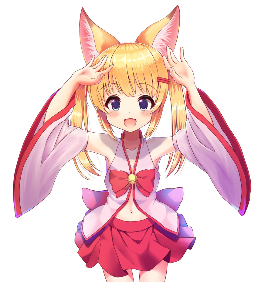 1girl :d animal_ears arms_up bangs bare_shoulders bell blonde_hair blue_eyes blush bow collarbone commentary_request cowboy_shot detached_sleeves eyebrows_visible_through_hair fang fingernails fox_ears highres jingle_bell kemomimi_vr_channel long_hair long_sleeves looking_at_viewer mikoko_(kemomimi_vr_channel) mimikaki_(men_bow) navel open_mouth pleated_skirt red_bow red_skirt sidelocks simple_background skirt smile solo twintails white_background wide_sleeves