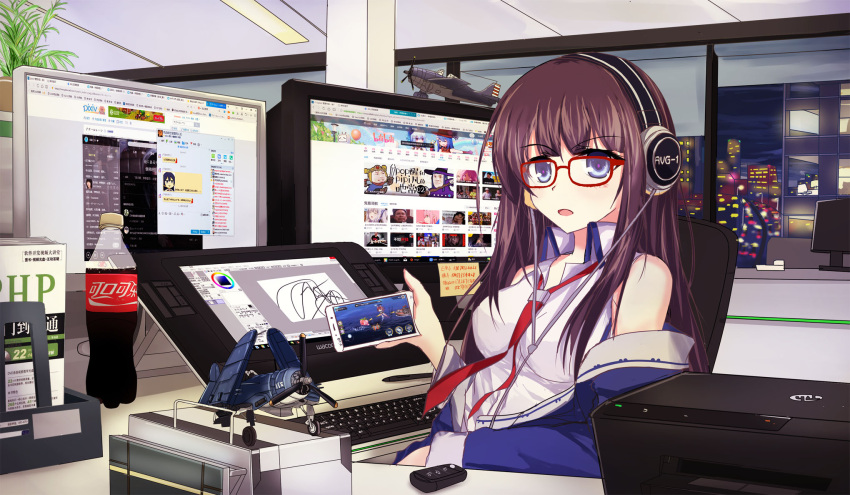 1girl aircraft airplane azur_lane bespectacled between_breasts bilibili_douga blue_eyes brown_hair building cellphone cola commentary_request computer glasses headphones highres holding keyboard long_hair long_island_(azur_lane) looking_at_viewer monitor necktie necktie_between_breasts office phone pixiv skyscraper smartphone soda_bottle solo stylus table tablet_pc tianyu_jifeng