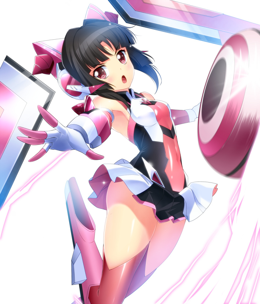 1girl armpit_peek bare_shoulders black_hair blush breasts covered_navel gloves highres leg_up nyanmaru open_mouth pleated_skirt red_eyes senki_zesshou_symphogear sidelocks simple_background skin_tight skirt small_breasts solo tsukuyomi_shirabe v-shaped_eyebrows white_background yo-yo