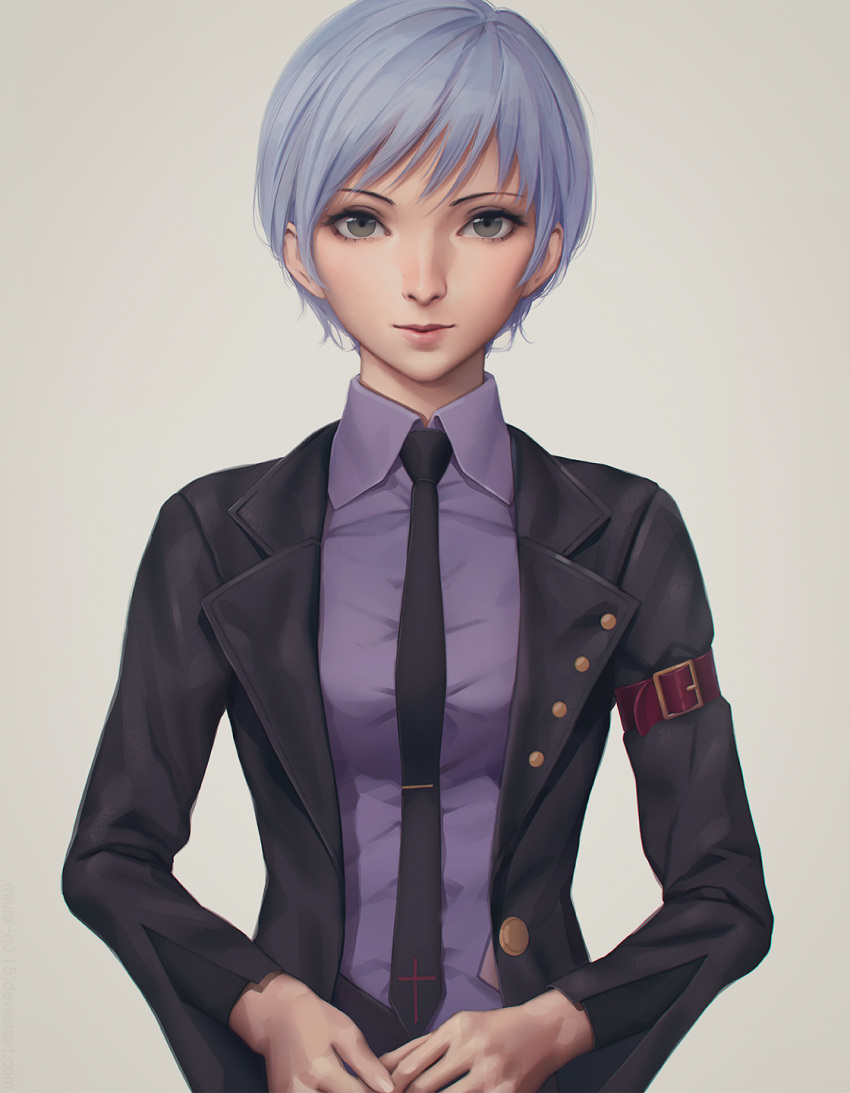 1girl bangs black_jacket breasts brown_eyes closed_mouth collared_shirt grey_background highres jacket lips long_sleeves looking_at_viewer miura-n315 necktie open_clothes open_jacket own_hands_together purple_hair purple_shirt shirt short_hair simple_background small_breasts smile solo umineko_no_naku_koro_ni unbuttoned uniform upper_body ushiromiya_kyrie wing_collar
