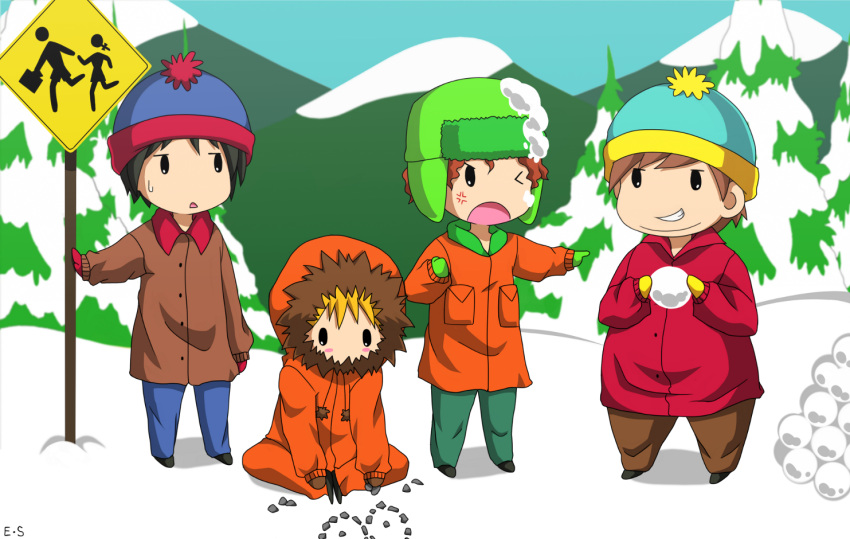 4boys angry black_hair blonde_hair blush_stickers brown_hair coat comedy_central deviantart endless-rainfall eric_cartman gloves grin hat jacket kenny_mccormick kyle_broflovski mountain pants red_hair scarf shoes sign sky snow snowball south_park stan_marsh tree viacom