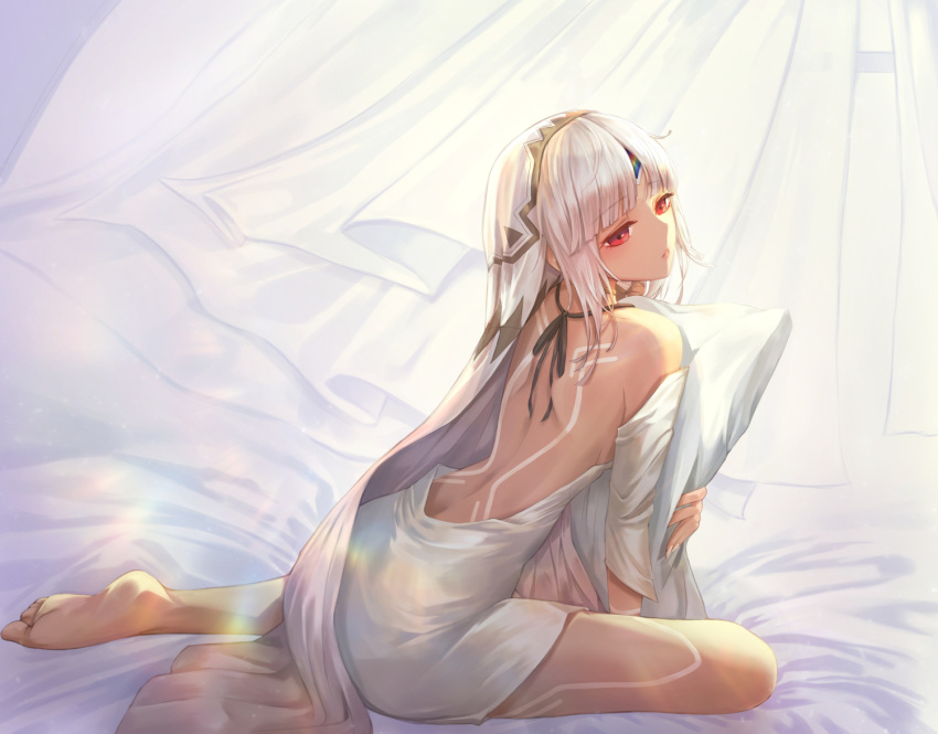 1girl altera_(fate) bangs bare_back barefoot board_game dark_skin eyebrows_visible_through_hair fate/grand_order fate_(series) full_body go kone_(user_rcvz8745) looking_at_viewer looking_away looking_back off_shoulder red_eyes short_hair sidelocks silver_hair solo sunlight veil