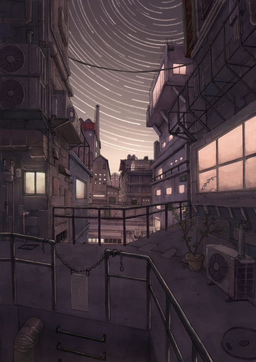 air_conditioner building chains cracked_wall flower_pot gensuke_(ryun) gradient_sky highres house no_humans original outdoors plant potted_plant railing scenery sign sky star_(sky) starry_sky still_life window