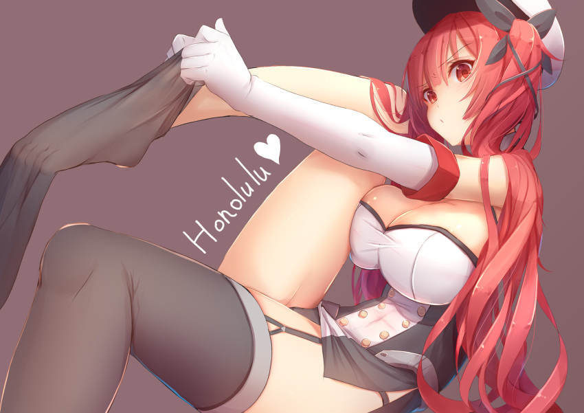 1girl azur_lane bangs black_legwear blush breasts brown_background character_name cleavage eyebrows_visible_through_hair gloves heart highres honolulu_(azur_lane) large_breasts long_hair looking_at_viewer parted_lips red_eyes redhead simple_background solo tatapopo twintails