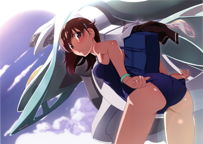 1girl :&lt; absurdres adjusting_clothes adjusting_swimsuit ass bag bent_over blue_sky blue_swimsuit blush bow bow_panties bracelet breasts brown_eyes brown_hair brown_skirt closed_mouth clothes_removed clouds day eyebrows_visible_through_hair from_behind hair_ornament hairclip highres jewelry kamogawa_girls'_high_school_swimsuit kamogawa_girls'_high_school_uniform kyouno_madoka long_hair looking_at_viewer looking_back mecha medium_breasts official_art one-piece_swimsuit outdoors panties pink_bow pleated_skirt rinne_no_lagrange sailor_collar school_bag school_swimsuit school_uniform shiny shiny_hair shiny_skin single_stripe skirt sky solo standing swimsuit underwear vox_aura watanabe_akio white_panties white_sailor_collar
