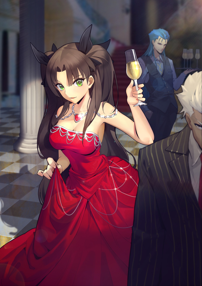 1girl 2boys absurdres alcohol archer black_hair black_ribbon blue_hair blush breasts check_character cleavage cup dress drinking_glass eyebrows_visible_through_hair fate/grand_order fate_(series) green_eyes hair_ribbon heart heart_necklace highres lancer large_breasts long_hair looking_at_viewer looking_away multiple_boys off-shoulder_dress off_shoulder oop parted_lips red_dress red_eyes ribbon short_hair smile tohsaka_rin twintails white_hair wine wine_glass