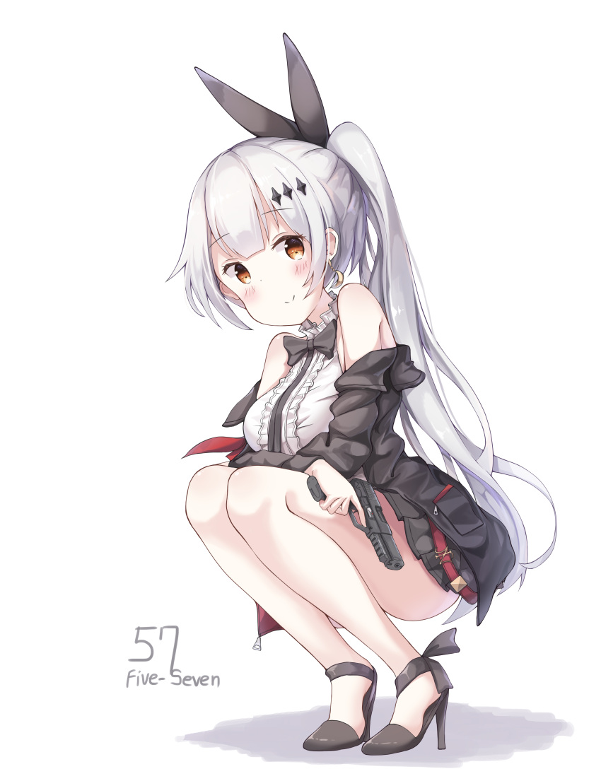 1girl absurdres ankle_lace-up bare_shoulders black_footwear black_jacket black_neckwear black_ribbon black_skirt blush bow bowtie breasts brown_eyes center_frills character_name closed_mouth commentary crescent crescent_earrings cross-laced_footwear earrings five-seven_(girls_frontline) frills girls_frontline hair_ribbon high_heels high_ponytail highres jacket jewelry long_hair medium_breasts off_shoulder open_clothes open_jacket pleated_skirt ponytail ribbon shirt silver_hair skirt sleeveless sleeveless_shirt smile sobmarine solo squatting very_long_hair white_background white_shirt