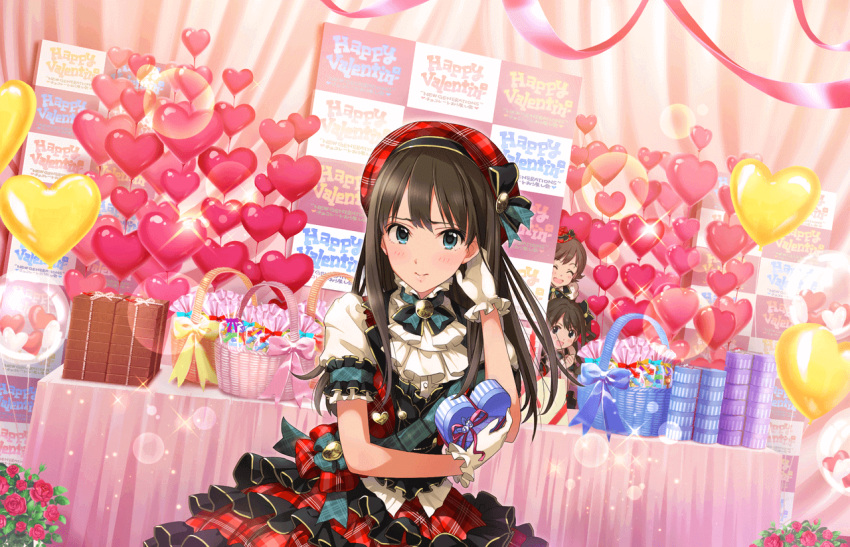 3girls balloon basket black_hair blush bow box chocolate embarrassed frills gift gift_box gloves green_eyes happy_valentine hat hat_bow heart heart-shaped_box heart_balloon holding holding_gift honda_mio idolmaster idolmaster_cinderella_girls idolmaster_cinderella_girls_starlight_stage jpeg_artifacts long_hair looking_at_viewer multiple_girls official_art plaid plaid_hat ribbon shibuya_rin shimamura_uzuki valentine white_gloves