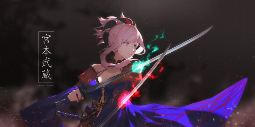 1girl artist_name bagus_casbon bare_shoulders blue_fire blue_kimono breasts cleavage closed_mouth dark_background dual_wielding earrings fate/grand_order fate_(series) fighting_stance fire flame highres holding holding_sword holding_weapon japanese_clothes jewelry katana kimono light_particles long_sleeves looking_to_the_side magatama medium_breasts miyamoto_musashi_(fate/grand_order) pink_eyes pink_fire pink_hair ponytail sheath short_hair_with_long_locks sidelocks smile solo sword sword_behind_back translation_request unsheathed upper_body weapon weapon_on_back wide_sleeves