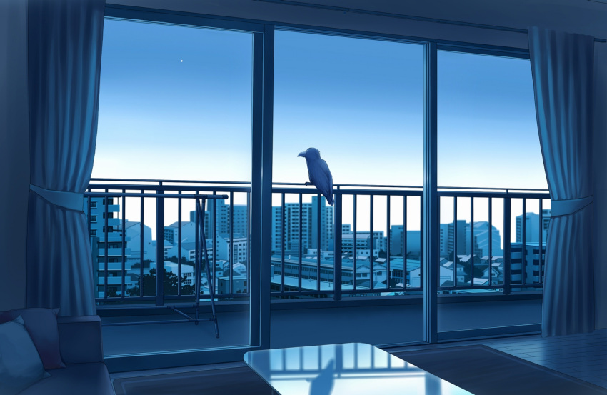 animal balcony bird blue blue_sky building carpet city cityscape couch crow curtains day gensuke_(ryun) house indoors no_humans original pillow reflection scenery sky sliding_doors sunlight table window wooden_floor