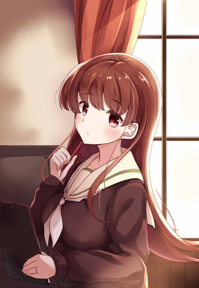 1girl :o absurdres bangs blush breasts brown_shirt clipboard curtains day eyebrows_visible_through_hair from_side highres holding holding_pencil indoors jewelry kantai_collection long_hair long_sleeves looking_to_the_side medium_breasts neckerchief ooi_(kantai_collection) parted_lips pencil pencil_to_face ring sailor_collar school_uniform serafuku shiny shiny_hair shirt solo soramuko straight_hair upper_body wedding_band white_neckwear white_sailor_collar window