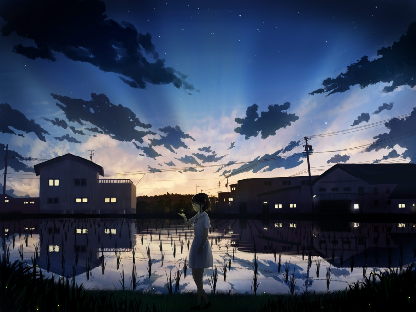 1girl antennae arm_at_side backlighting black_eyes black_hair building closed_mouth clouds dress firefly from_side gensuke_(ryun) hair_ornament hairclip hand_up original power_lines reflection rice_paddy short_hair short_sleeves sky smile standing star_(sky) starry_sky sunlight sunrise telephone_pole town water white_dress