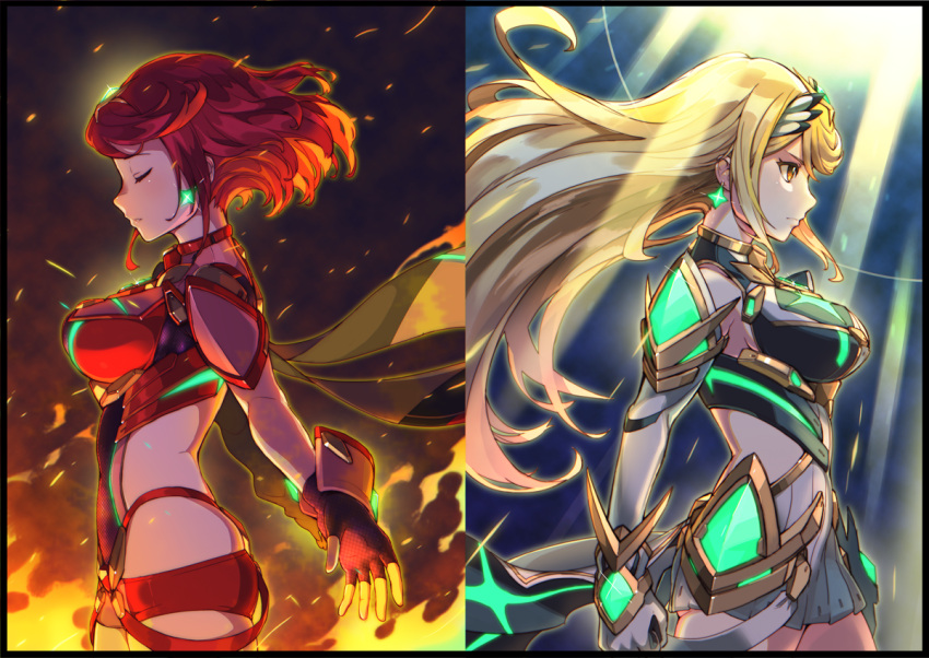 2girls arm_at_side arm_guards armor bangs black_border blonde_hair blush border breasts brown_eyes clenched_hand closed_eyes closed_mouth cowboy_shot dress elf faulds fingerless_gloves fire flame floating_hair from_side gem gloves glowing glowing_earrings headpiece mythra_(xenoblade) pyra_(xenoblade) jewelry large_breasts light_rays long_hair looking_afar medium_breasts midriff multiple_girls parted_lips pointy_ears profile red_gloves red_shorts redhead serious short_dress short_hair short_shorts short_sleeves shorts shoulder_armor skindentation smile standing sunbeam sunlight tiara tonami_kanji underbust very_long_hair white_dress wrist_guards xenoblade xenoblade_2