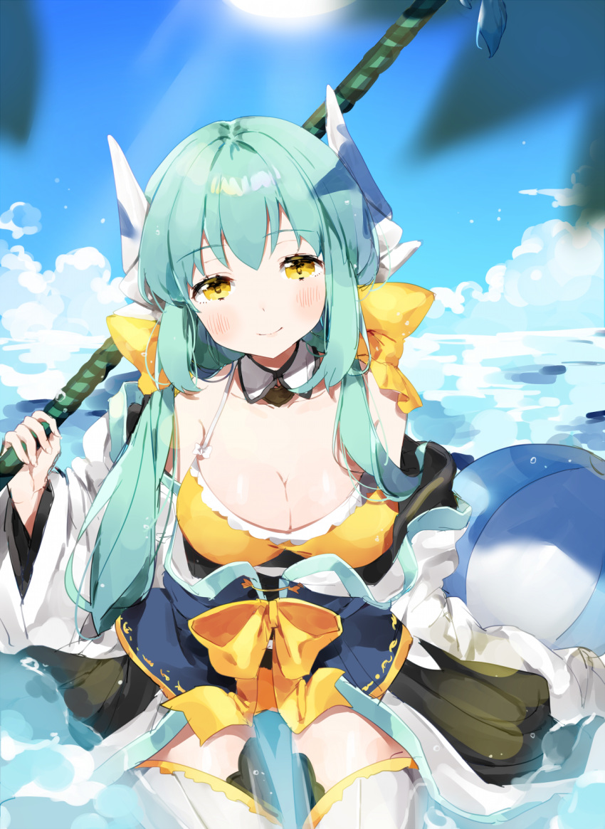 1girl ball bangs blue_hair blush breasts cleavage clouds cloudy_sky detached_collar fate/grand_order fate_(series) head_tilt highres holding holding_weapon horns japanese_clothes kiyohime_(fate/grand_order) kneeling long_hair looking_at_viewer ongyageum outdoors over_shoulder sidelocks sitting sky smile sun thigh-highs weapon weapon_over_shoulder white_legwear wide_sleeves yellow_eyes