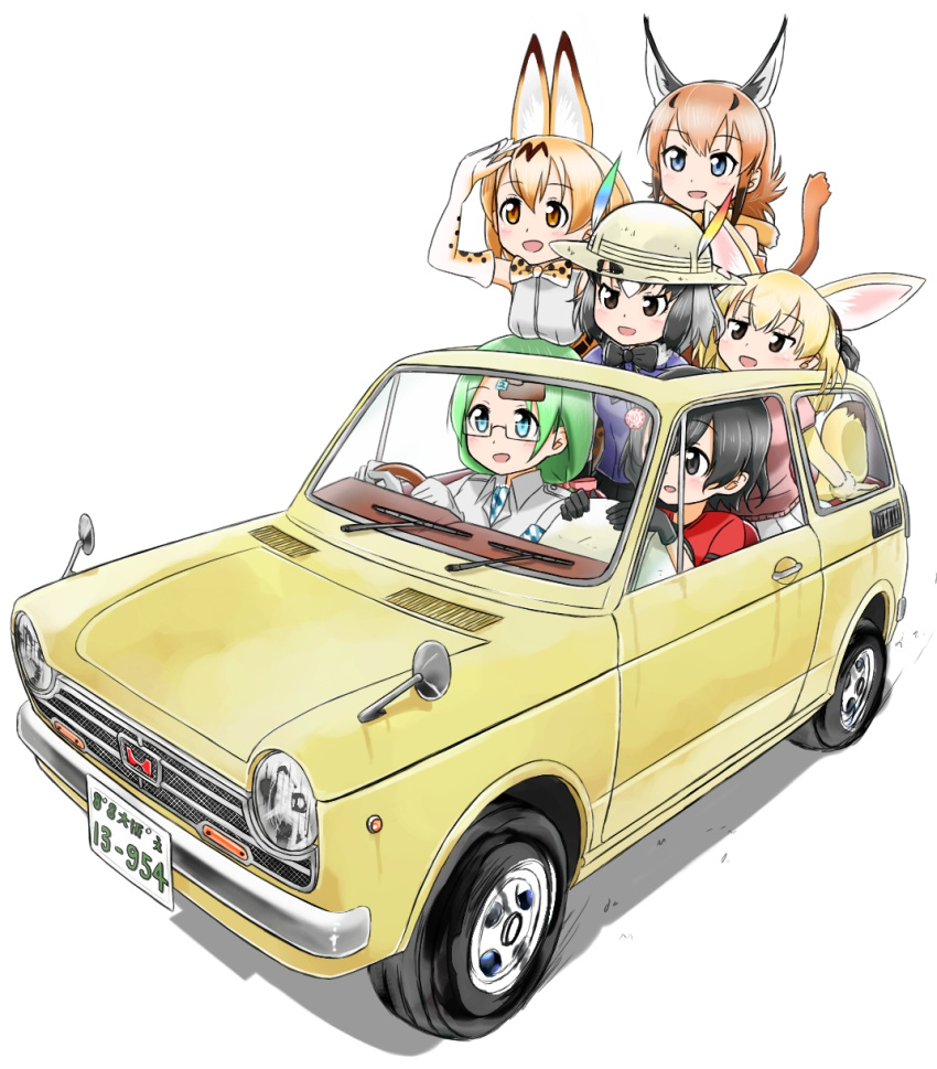 6+girls animal_ears black_eyes black_gloves black_hair black_neckwear blue_eyes blush bow bowtie breasts brown_hair car caracal_(kemono_friends) caracal_ears caracal_tail common_raccoon_(kemono_friends) driving elbow_gloves eyebrows_visible_through_hair fennec_(kemono_friends) gloves green_hair grey_hair ground_vehicle highres kaban_(kemono_friends) kemono_friends license_plate long_hair looking_away medium_breasts mirai_(kemono_friends) motor_vehicle multicolored_hair multiple_girls open_mouth rear-view_mirror semi-rimless_eyewear serval_(kemono_friends) serval_ears short_hair short_sleeves smile sweeter_(h110111) two-tone_hair white_gloves