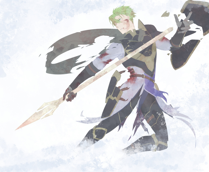 1boy aran armor blood blood_on_face cape fire_emblem fire_emblem:_akatsuki_no_megami gloves green_eyes green_hair hair_over_one_eye highres male_focus polearm shield simple_background solo spear teeth torn_clothes tyu2me2 upper_body weapon white_background