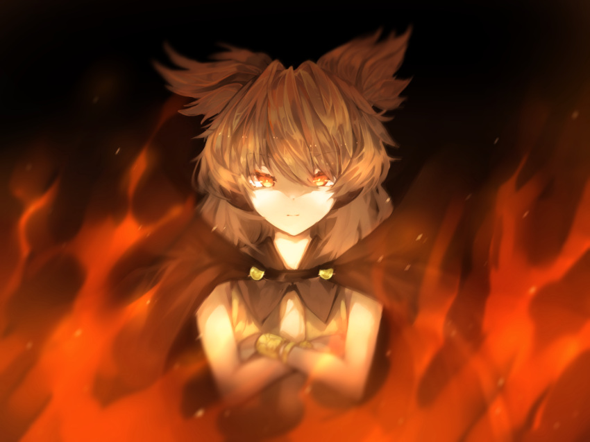 1girl artist_request blonde_hair bracelet brown_hair cape crossed_arms fire flame glowing glowing_eyes highres jewelry looking_at_viewer orange_eyes short_hair sleeveless solo touhou toyosatomimi_no_miko yellow_eyes