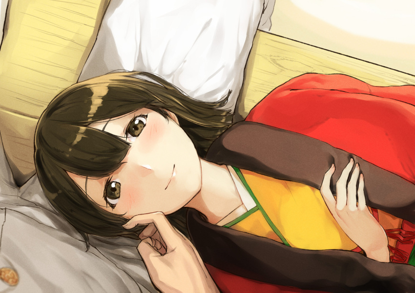 1boy 1girl blush brown_eyes brown_hair closed_mouth from_above hiryuu_(kantai_collection) jacket japanese_clothes kantai_collection kimono lap_pillow lips looking_at_viewer looking_up lying on_back on_floor open_clothes open_jacket out_of_frame pants poco_(backboa) pov red_jumpsuit shiny shiny_hair short_hair smile solo_focus stroking_cheek tareme white_pants wooden_floor yellow_kimono