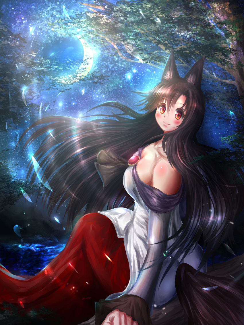1girl animal_ears blush breasts brooch brown_hair cleavage collarbone commentary_request crescent_moon highres imaizumi_kagerou jewelry large_breasts long_skirt long_sleeves looking_at_viewer looking_up moon nature off-shoulder_shirt off_shoulder outdoors red_eyes satoji_(ochanomkmskry) shirt sitting skirt solo tail touhou tree wolf_ears wolf_tail