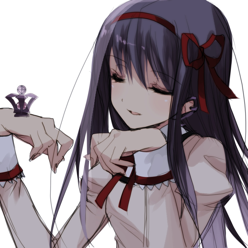 1girl absurdres akemi_homura arms_up bad_id bad_pixiv_id bangs bow drill_hair ears_visible_through_hair eyebrows_visible_through_hair fingernails hair_bow hairband hands_up highres long_hair looking_at_hands mahou_shoujo_madoka_magica misteor multicolored_shirt open_mouth purple_hair red_bow red_hairband school_uniform sketch solo tied_hair twintails white_background