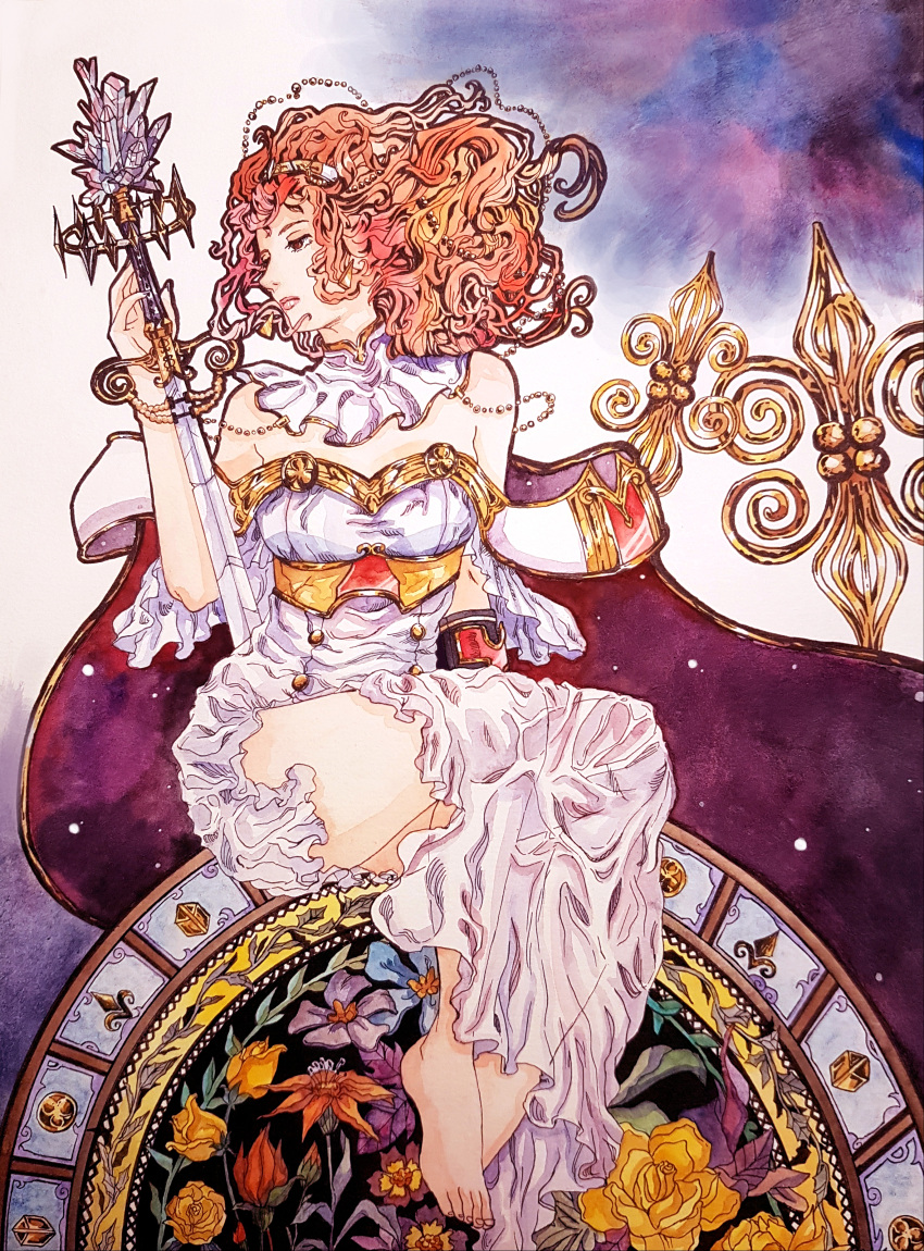 1girl absurdres art_nouveau celica_(fire_emblem) curly_hair fire_emblem fire_emblem_echoes:_mou_hitori_no_eiyuuou fire_emblem_gaiden flower highres holding holding_sword holding_weapon ink painting red_eyes redhead rose solo sword traditional_media video_game watercolor_(medium) weapon