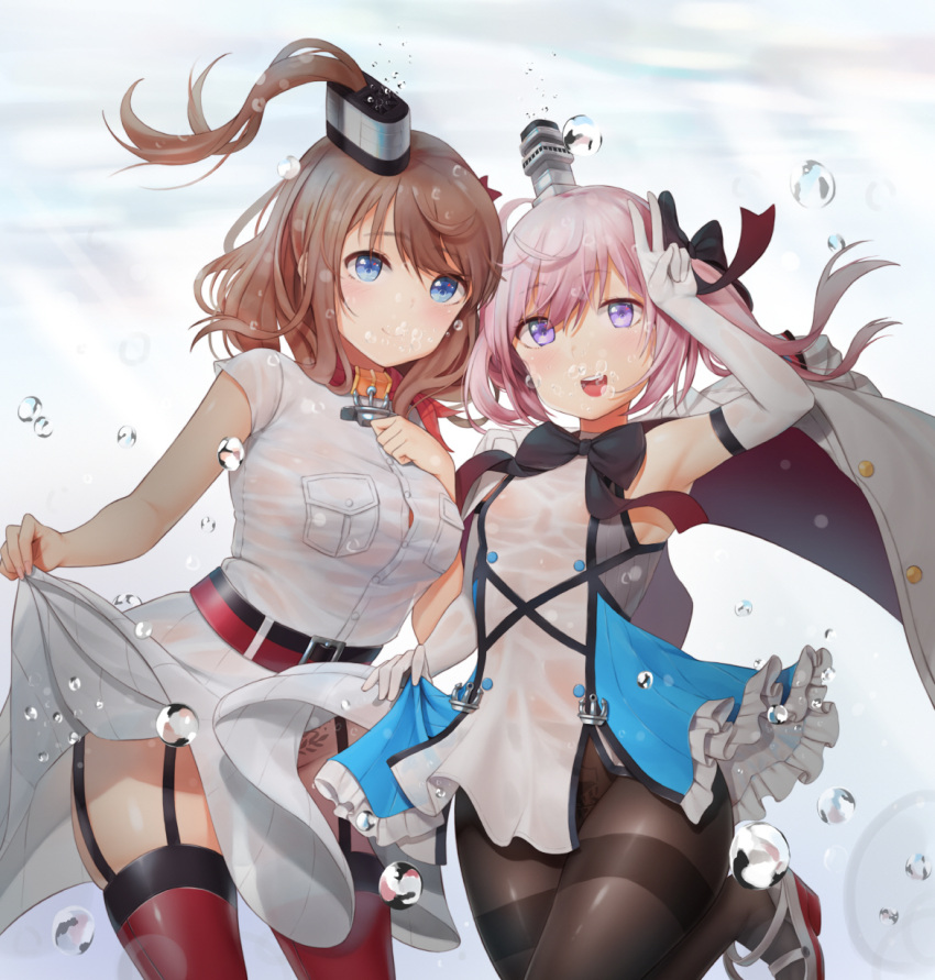2girls agnam_ore azur_lane bare_shoulders belt black_bow black_legwear blue_eyes bow bowtie breast_pocket breasts brown_hair crossover dress dress_lift elbow_gloves eyebrows_visible_through_hair garter_straps gloves hair_between_eyes hair_ribbon halterneck hand_on_own_chest hand_up highres jacket kantai_collection large_breasts leaning_forward lifted_by_self long_hair looking_at_viewer multiple_girls namesake neckerchief off_shoulder one_leg_raised pantyhose pink_hair pleated_dress pocket ponytail pubic_tattoo red_legwear red_neckwear ribbon saratoga_(azur_lane) saratoga_(kantai_collection) short_dress short_hair short_sleeves side_ponytail sidelocks skirt_hold sleeveless small_breasts standing stomach_tattoo tattoo thigh-highs thighband_pantyhose twintails v violet_eyes water_drop white_dress white_gloves white_jacket