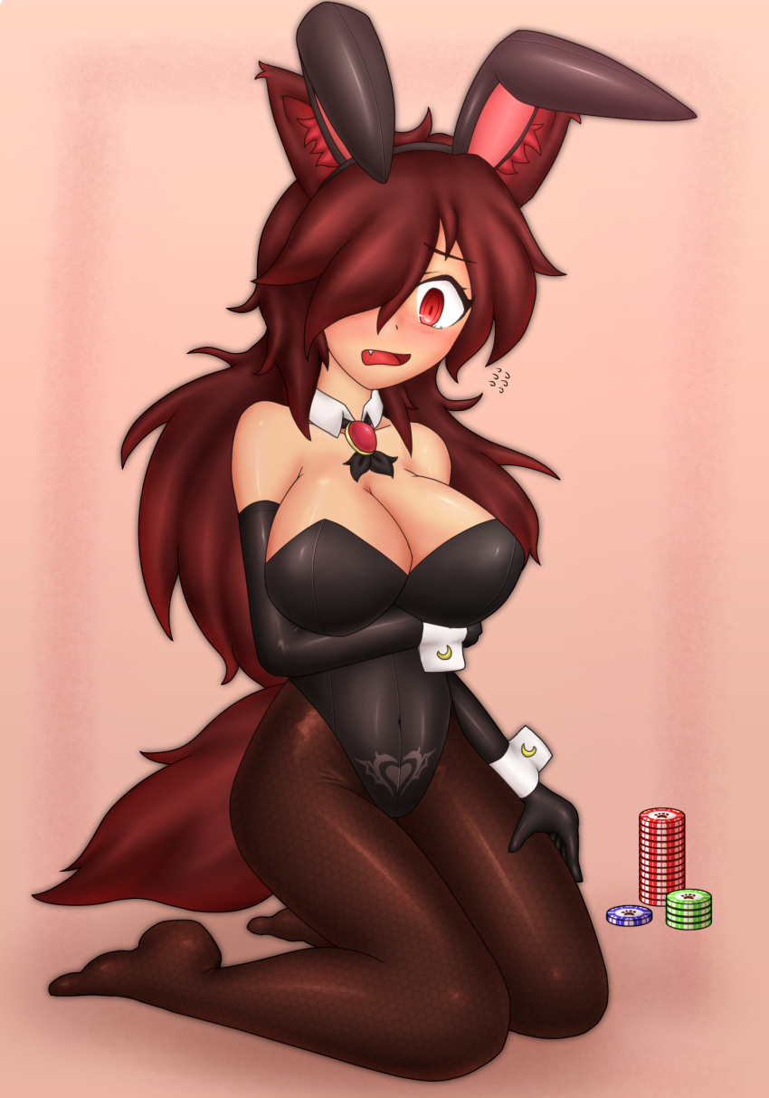 1girl animal_ears blush breasts brown_hair bunny_girl bunnysuit cleavage collarbone commentary_request elbow_gloves fang gloves hair_over_one_eye highres imaizumi_kagerou julian_semenov large_breasts long_hair open_mouth pubic_tattoo rabbit_ears red_eyes sitting solo sweatdrop tail tattoo touhou wolf_ears wolf_tail