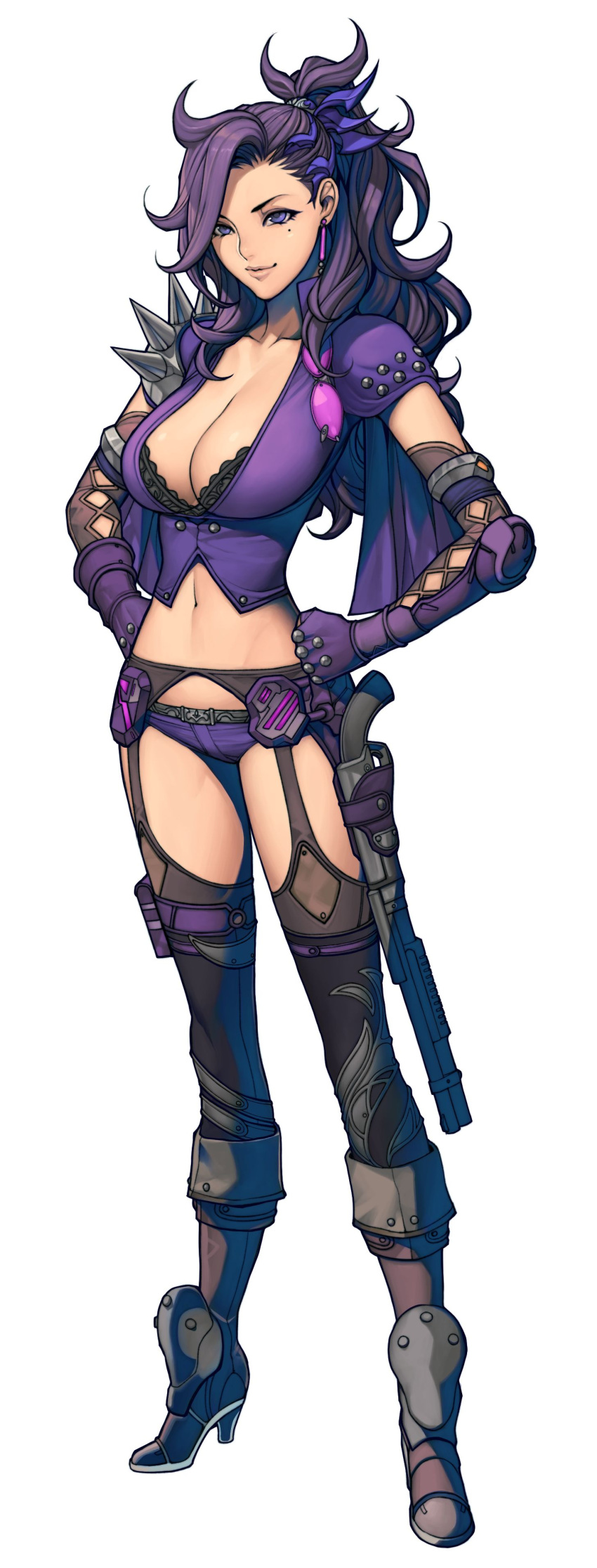 1girl absurdres armor bangs boots breasts cleavage collarbone earrings elbow_gloves full_body glasses gloves gun hands_on_hips high_heel_boots high_heels highres holster jewelry knee_boots large_breasts lips long_hair metal_max metal_max_xeno midriff mole mole_under_eye navel oda_non official_art ponytail purple_hair short_shorts shorts shotgun shoulder_pads shoulder_spikes simple_background solo spikes standing thigh-highs violet_eyes weapon white_background
