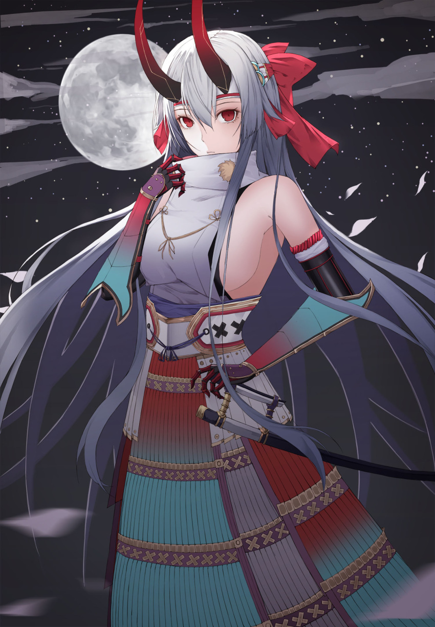 1girl armor bangs board_game bow breasts clouds cloudy_sky detached_sleeves elbow_gloves fate_(series) full_moon gloves go grey_hair gywlsfkdl hair_between_eyes hair_bow highres japanese_clothes large_breasts long_hair looking_at_viewer moon night night_sky red_eyes serious silver_hair sky star_(sky) tomoe_gozen_(fate/grand_order)