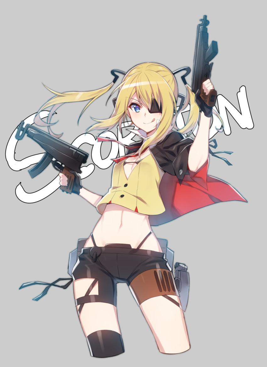 1girl asymmetrical_legwear black_bra blonde_hair blue_eyes bra breasts character_name cleavage commentary_request dual_wielding eyepatch fingerless_gloves girls_frontline gloves gun highres holster shorts skorpion_vz._61 small_breasts submachine_gun supernew thigh-highs tongue tongue_out twintails underwear vz.61_(girls_frontline) weapon