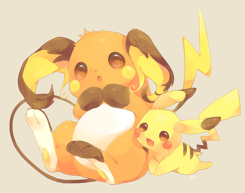 :3 :d :o blush brown_eyes grey_background hideko_(l33l3b) highres looking_at_viewer no_humans open_mouth own_hands_together pikachu pokemon pokemon_(creature) raichu simple_background sitting smile