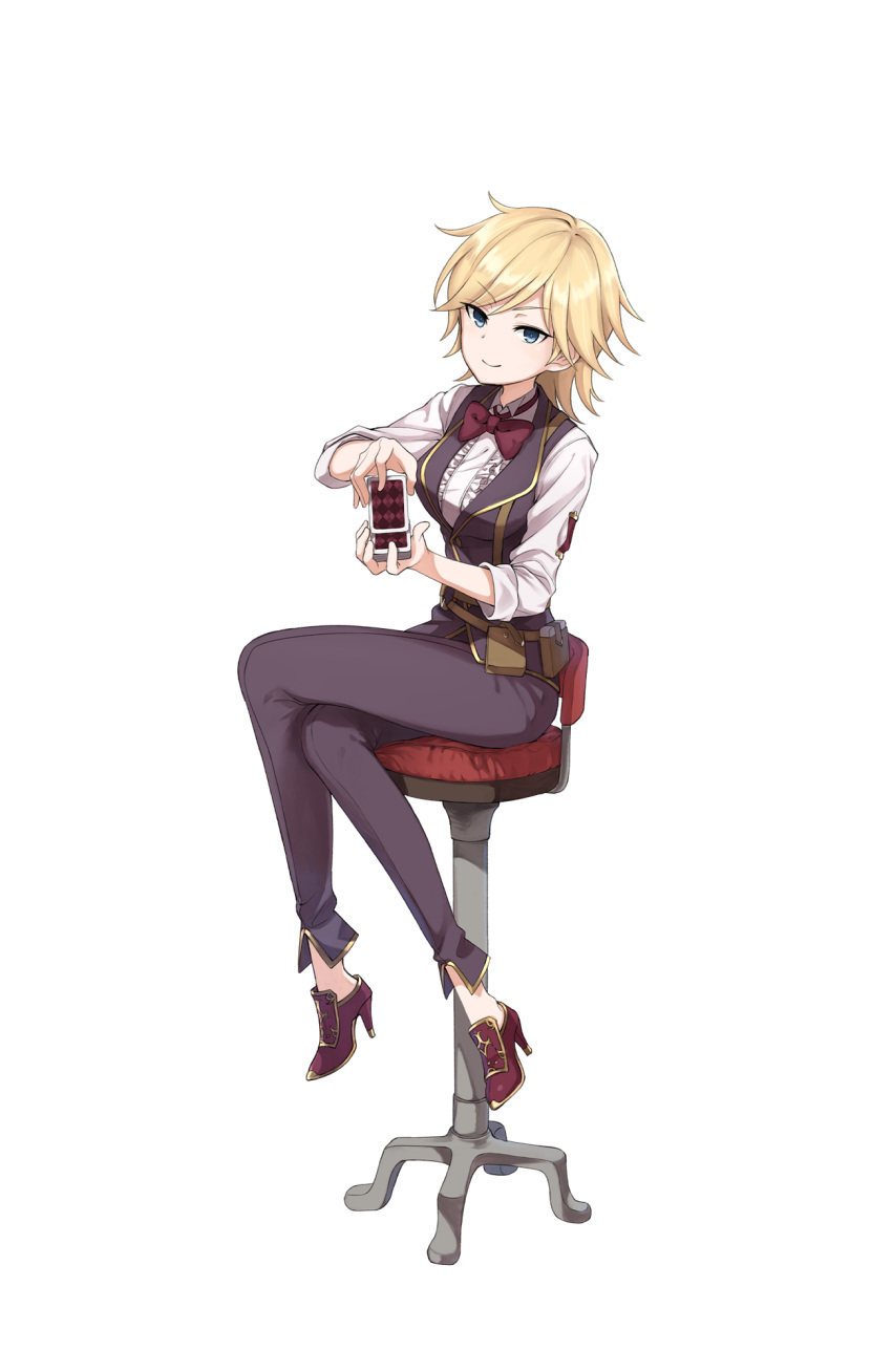1girl belt_pouch blonde_hair blue_eyes bow bowtie card chair dizzy_durand full_body high_heels highres legs_crossed looking_at_viewer maroon_neckwear official_art pants playing_card pouch princess_principal princess_principal_game_of_mission red_footwear short_hair shuffling smile solo swivel_chair transparent_background