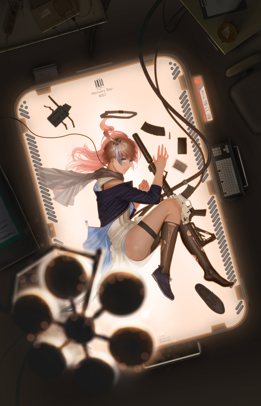 1girl absurdres ammunition_pouch ar-15 artist_name ass bangs belt black_gloves black_legwear blue_eyes blue_hair blue_panties buckle bullet cable cartridge clenched_hand closed_mouth commentary_request dress eyebrows_visible_through_hair fingerless_gloves gameplay_mechanics girls_frontline gloves gun hair_between_eyes hair_ornament highres jacket keyboard kneehighs long_hair looking_at_viewer lying magazine_(weapon) magpul multicolored_hair oclet on_side one_side_up panties pink_hair repair_bay rifle scarf shell_casing shoe_removed side_ponytail sidelocks single_kneehigh single_thighhigh smile solo st_ar-15_(girls_frontline) streaked_hair suppressor thigh-highs thigh_strap thighs torn_legwear twitter_username underwear weapon zipper