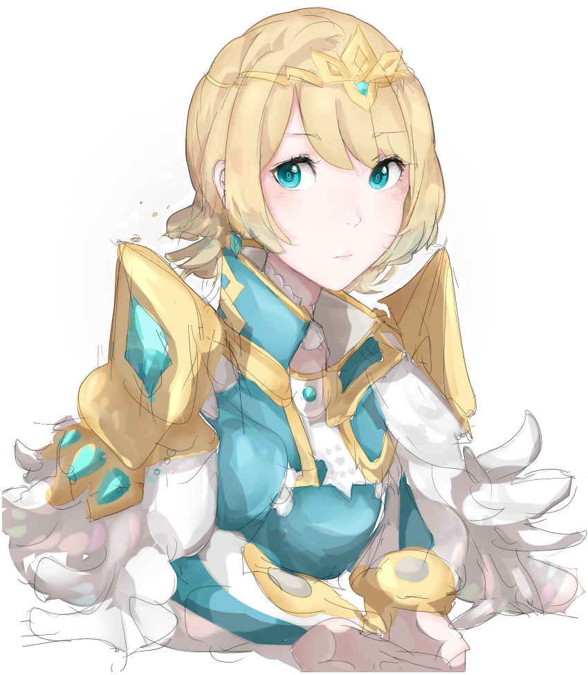 1girl absurdres blonde_hair blue_eyes blue_hair crown earrings feather_trim fire_emblem fire_emblem_heroes fjorm_(fire_emblem_heroes) gradient_hair highres jackii jewelry looking_at_viewer multicolored_hair short_hair simple_background solo