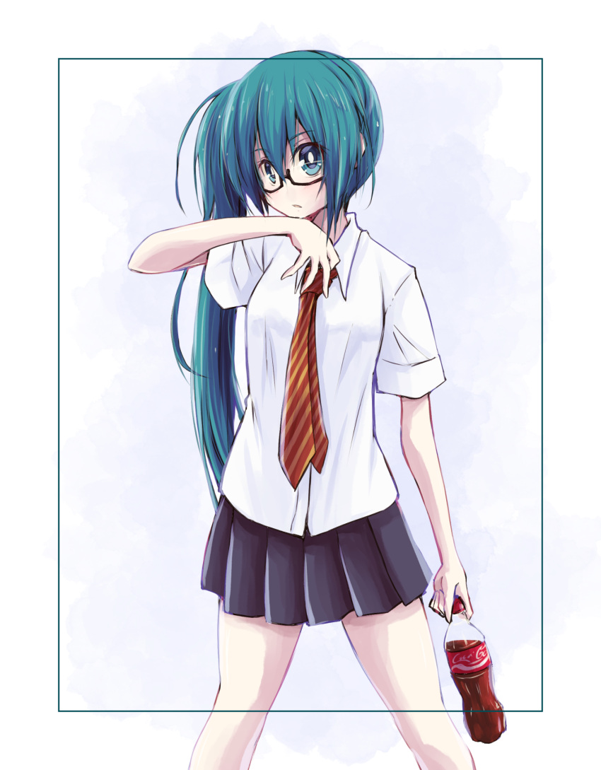 .live 1girl alternate_costume bare_legs black_skirt bottle coca-cola collared_shirt commentary_request cropped_legs dress_shirt eyebrows_visible_through_hair framed glasses green_eyes green_hair hair_between_eyes highres holding holding_bottle kagura_suzu_(.live) light_blush long_hair looking_at_viewer nao-fala necktie open_mouth pleated_skirt red_neckwear semi-rimless_eyewear shirt short_sleeves side_ponytail simple_background skirt solo striped striped_neckwear two-tone_neckwear under-rim_eyewear virtual_youtuber white_background white_shirt yellow_neckwear