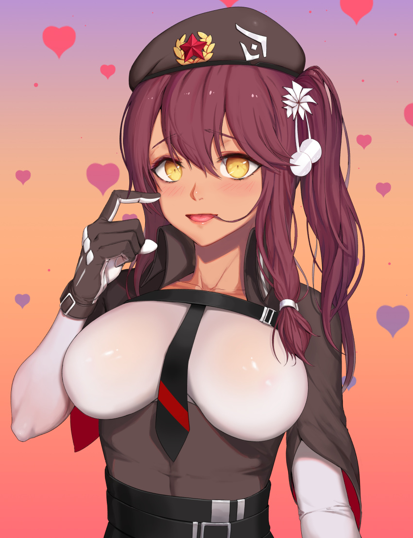 1girl absurdres belt belt_buckle beret between_breasts blush breasts buckle chest_strap collarbone dark_skin eyebrows_visible_through_hair girls_frontline gloves gradient gradient_background greem_bang hair_between_eyes hair_in_mouth hair_ornament hat heart heart_background highres large_breasts long_hair looking_at_viewer one_side_up purple_hair red_star saiga-12_(girls_frontline) scratching_cheek solo upper_body yellow_eyes