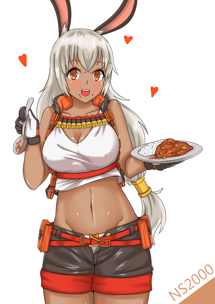 1girl animal_ears bangs belt belt_buckle belt_pouch black_gloves black_shorts black_vest blush bow bow_panties breasts buckle character_name cleavage crop_top crop_top_overhang curry curry_rice dark_skin erect_nipples eyebrows_visible_through_hair floating_heart food food_on_face girls_frontline gloves hair_between_eyes hair_ornament heart hei_yan highres holding holding_food holding_plate holding_spoon large_breasts long_hair looking_at_viewer low_tied_hair midriff navel ns2000_(girls_frontline) open_mouth panties plate pouch rabbit_ears red_eyes rice short_shorts shorts shotgun_shells simple_background smile solo spoon underwear vest