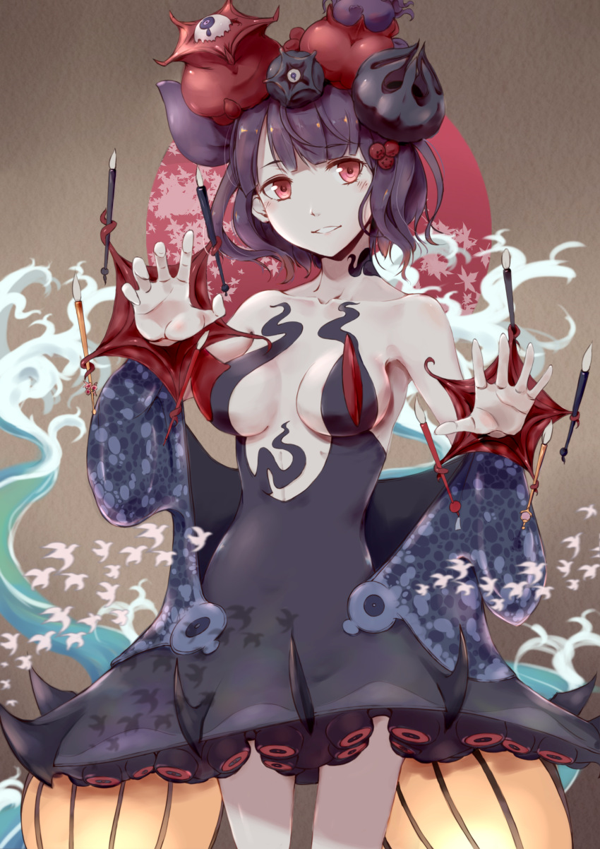 1girl absurdres bare_shoulders black_hair breasts commentary_request fate/grand_order fate_(series) flower hair_flower hair_ornament highres katsushika_hokusai_(fate/grand_order) looking_at_viewer medium_breasts nantiao_diudiu octopus paintbrush parted_lips red_eyes short_hair solo suction_cups tentacle