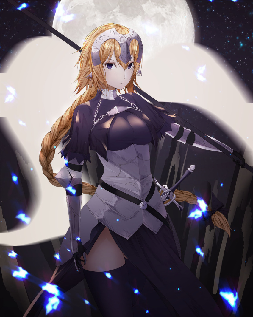 1girl armor armored_dress bangs bow braid breasts chains eyebrows_visible_through_hair fate/apocrypha fate_(series) gloves glowing gywlsfkdl hair_between_eyes hair_bow highres hips jeanne_d'arc_(fate) jeanne_d'arc_(fate)_(all) large_breasts long_hair looking_at_viewer single_braid solo standing sword very_long_hair weapon