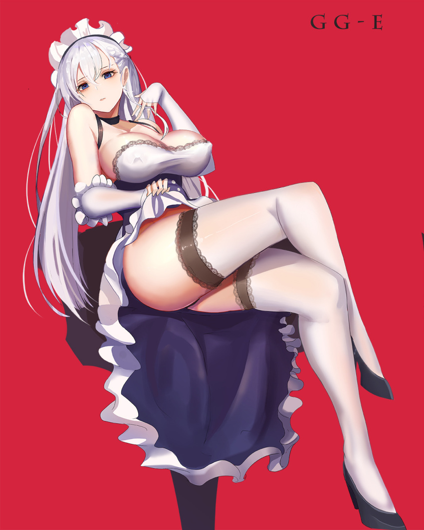 1girl artist_name azur_lane bare_shoulders belfast_(azur_lane) blue_eyes breasts cleavage dress dress_lift dutch_angle elbow_gloves erect_nipples fingerless_gloves full_body gg-e gloves head_tilt highres large_breasts legs_crossed long_hair looking_at_viewer maid maid_headdress reclining red_background silver_hair sitting sleeveless solo strapless thigh-highs thighs white_gloves white_legwear