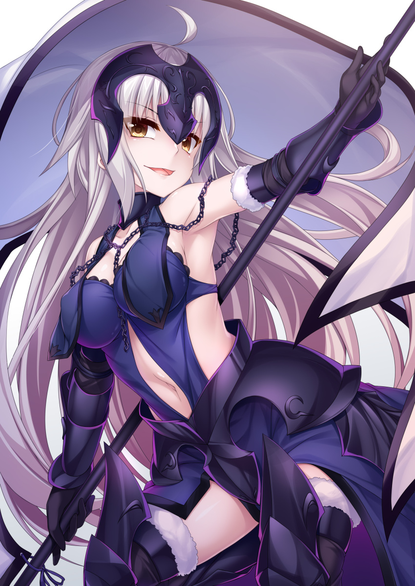 1girl :d absurdres armor armored_dress bangs bare_shoulders black_gloves breasts brown_eyes chains cleavage collarbone commentary_request dress elbow_gloves eyebrows_visible_through_hair fate/grand_order fate_(series) fur-trimmed_legwear fur_trim gloves headpiece highres holding jeanne_d'arc_(alter)_(fate) jeanne_d'arc_(fate)_(all) large_breasts leaning_forward long_hair looking_at_viewer navel open_mouth purple_dress purple_legwear silver_hair simple_background smile solo thigh-highs v-shaped_eyebrows vambraces very_long_hair wakagi_repa white_background