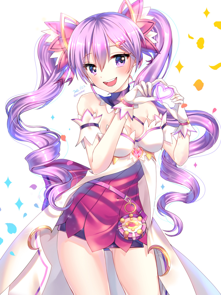 1girl :d aisha_(elsword) covered_navel crescent crescent_hair_ornament curly_hair dimension_witch_(elsword) elsword gloves hair_ornament hairclip heart heart_hands highres long_hair looking_at_viewer open_mouth petals purple_hair purple_skirt signature simple_background skirt smile solo twintails twitter_username violet_eyes white_background white_gloves xes_(xes_5377)