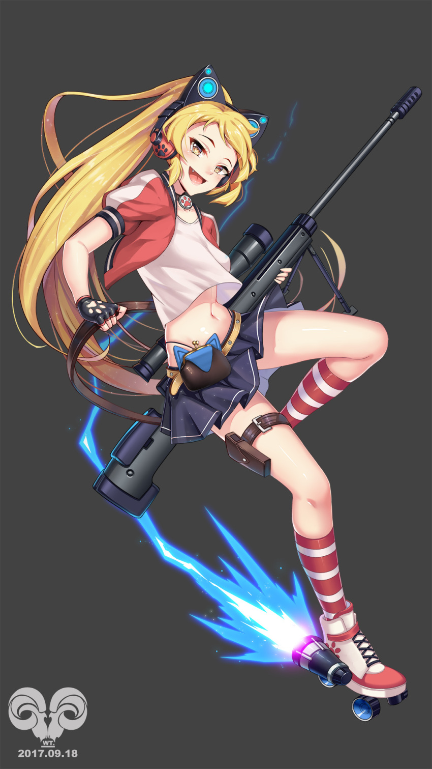 1girl animal_ears bag belt black_background black_gloves blonde_hair cat_ear_headphones cat_ears crop_top cropped_jacket electricity fang fingerless_gloves full_body gloves handbag headphones highleg highleg_panties highres holding holding_weapon holster long_hair looking_at_viewer midriff miniskirt no_bra open_mouth original panties paw_print pleated_skirt ponytail shirt skates skirt smile solo string_panties t-shirt thigh_holster underwear very_long_hair weapon weapon_request white_shirt yang_miee_miee yellow_eyes