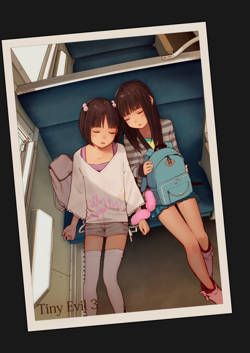 2girls ankle_boots backpack bag bangs blue_skirt blunt_bangs boots brown_hair closed_eyes clothes_writing collarbone day eyelashes grey_shirt grey_shorts hair_bobbles hair_ornament highres holding holding_backpack indoors kagamine-ikka long_hair long_sleeves miniskirt multiple_girls open_mouth original photo_(object) pink_footwear shirt shoes short_hair short_shorts shorts side-by-side sitting skirt sleeping striped striped_shirt thigh-highs train_interior white_legwear white_shirt wrist_cuffs