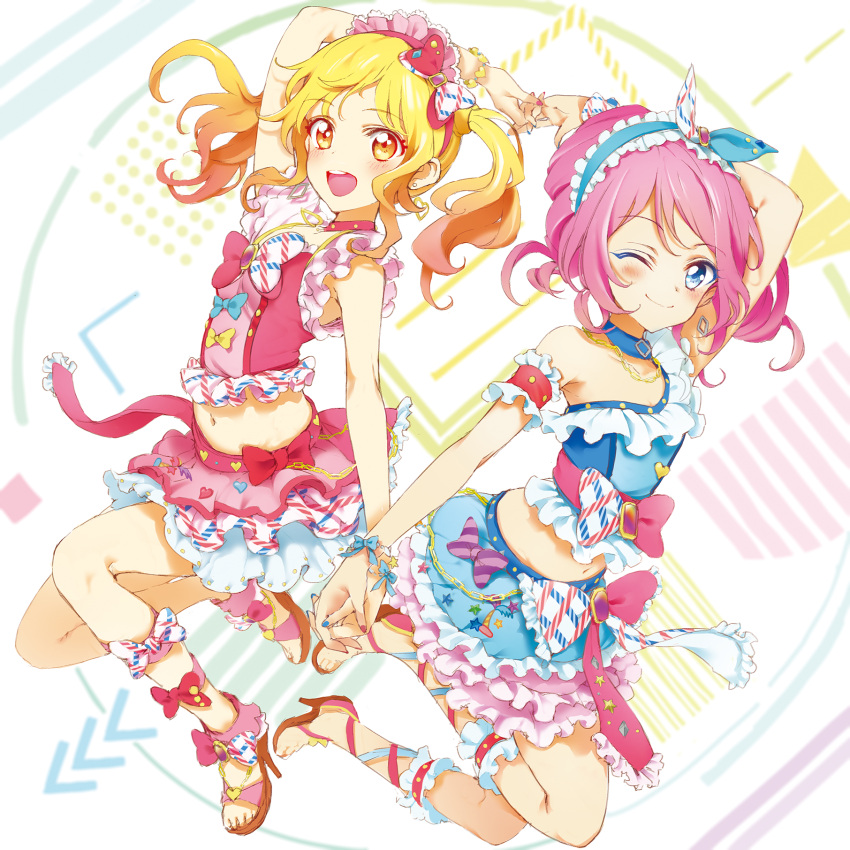 2girls :d ;) aikatsu! aikatsu_stars! bare_shoulders blonde_hair blue_eyes blush bow bracelet brown_eyes closed_mouth commentary_request crop_top drill_hair earrings eyebrows_visible_through_hair frills gradient_hair hair_bow hairband hand_holding high_heels highres idol interlocked_fingers jewelry long_hair looking_at_viewer midriff multicolored_hair multiple_girls nail_polish navel nghrstst nijino_yume one_eye_closed open_mouth pink_hair sakuraba_rola sleeveless smile twintails