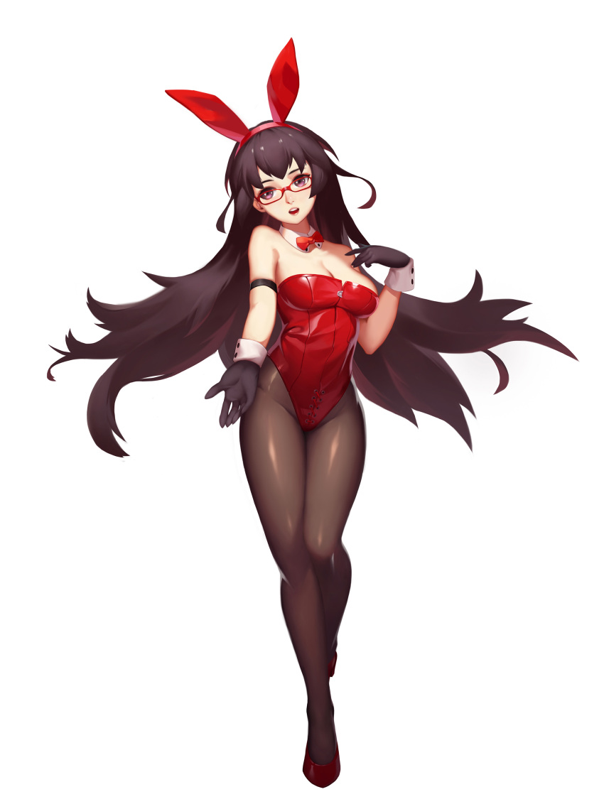 1girl absurdres animal_ears bare_shoulders black_gloves black_hair black_legwear bow bowtie breasts bunnysuit cleavage detached_collar fake_animal_ears full_body genzai_tankyu-sha glasses gloves hairband high_heels highres leotard long_hair open_mouth original pantyhose rabbit_ears red-framed_eyewear red_footwear red_hairband red_leotard shoes solo standing strapless strapless_leotard very_long_hair violet_eyes wrist_cuffs