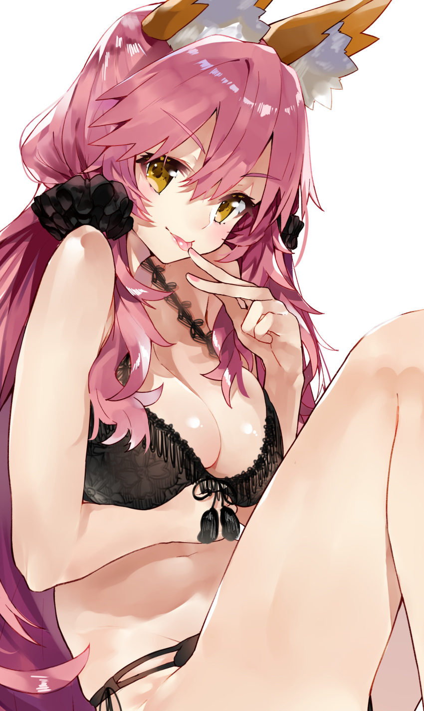 1girl :p absurdres animal_ears bangs bare_arms bare_shoulders black_bra black_panties black_ribbon bra breast_hold breasts cleavage closed_mouth eyebrows_visible_through_hair fate/extra fate_(series) feet_out_of_frame fox_ears frills front-hook_bra hair_between_eyes hair_ornament highres knee_up kou_mashiro large_breasts lingerie long_hair looking_at_viewer nail_polish panties pink_nails ribbon shiny shiny_hair shiny_skin sitting skindentation smile solo tamamo_(fate)_(all) tamamo_no_mae_(fate) thighs tongue tongue_out underwear v v-shaped_eyebrows yellow_eyes